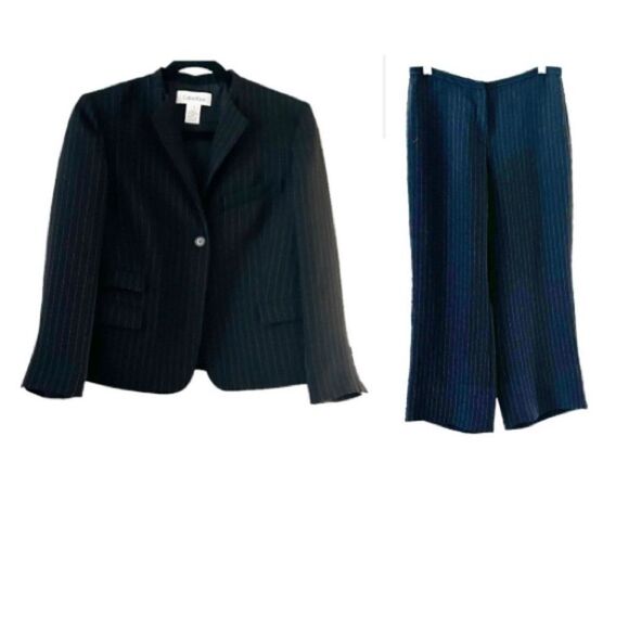 Calvin Klein Black Pinstripe Suit Blazer Size 4 Pants Size 8 - Picture 1 of 16